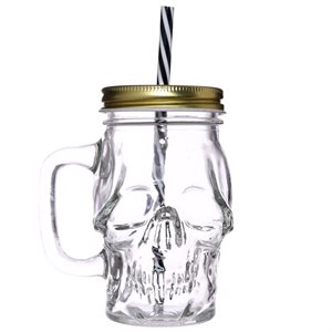 Glass Skull Drinking Jar with Metal Lid & Straw-350ML